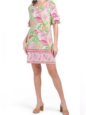 Pappagallo Bright Green and Pink Tropical Oasis Print Midi Dress Medium
